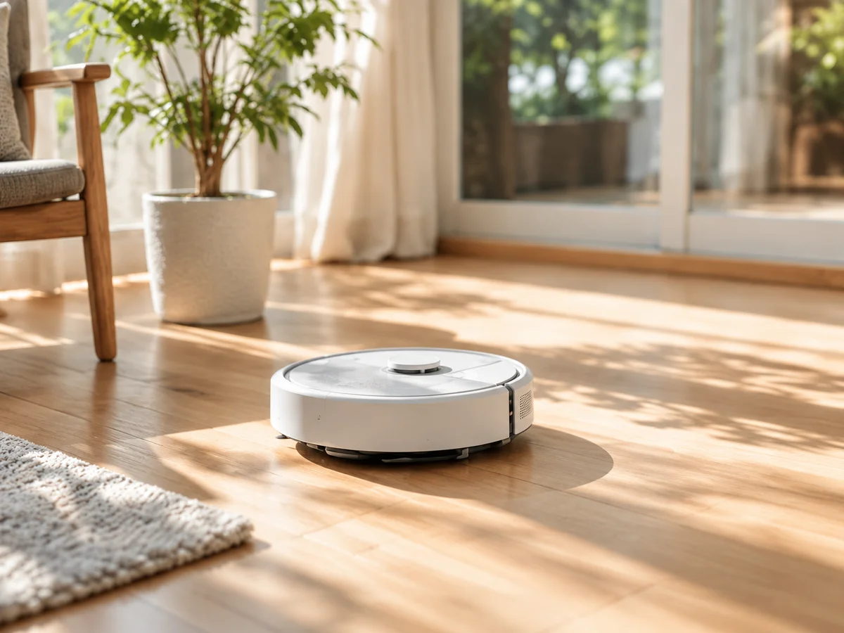 日差しが差し込むリビングの木の床を掃除するロボット掃除機