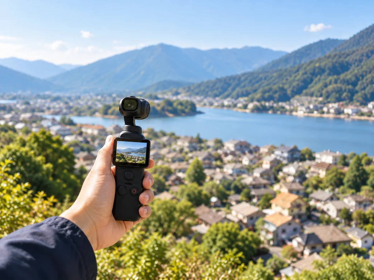 山と湖を望む旅先で、ポケットカメラを手に景色を撮影する